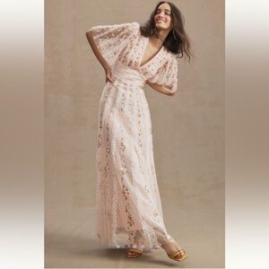 NWT Floral V-Neck Gown with fine embroidery and beadwork.